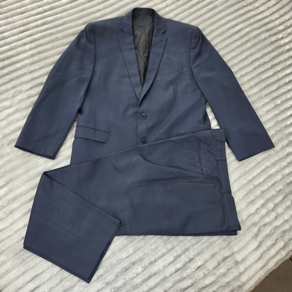 Calvin Klein Mens Blue Plaid 100% Wool 2 Button Suit Set 46L